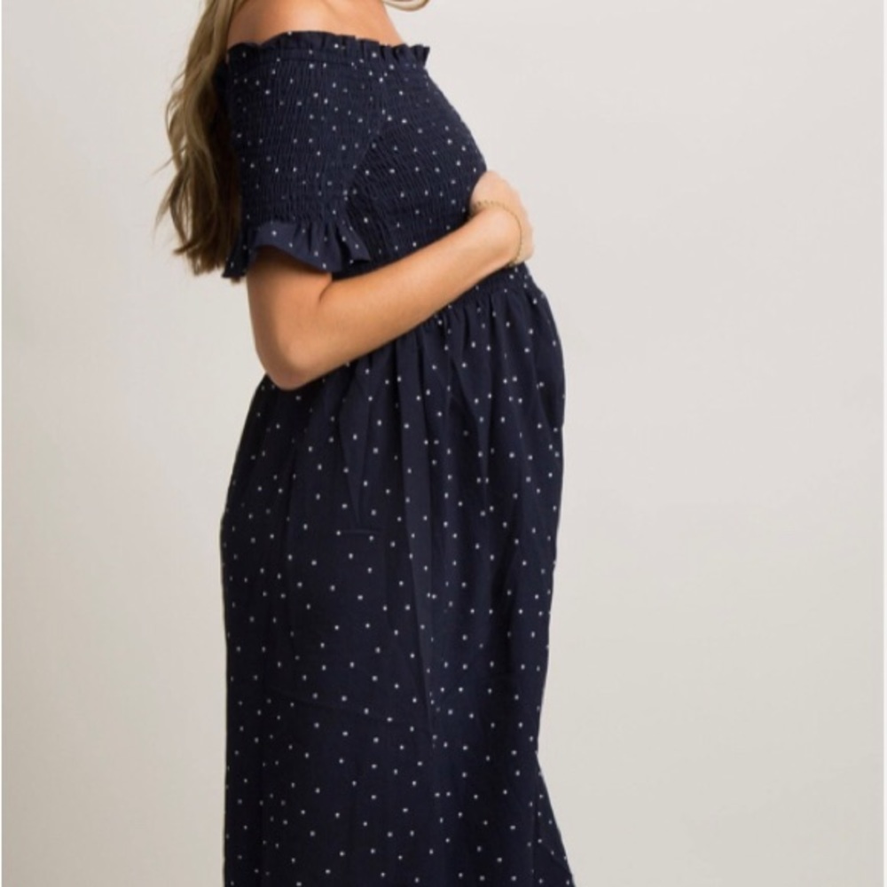 Navy polka dot off shoulder midi maternity dress size M